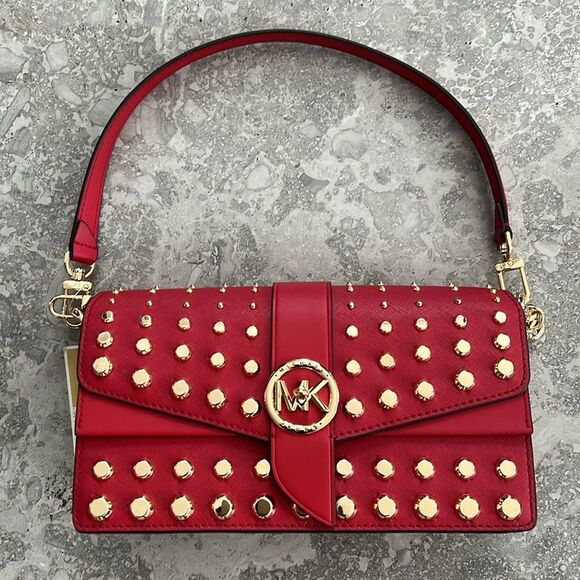 Michael Kors Studded Leather Convertible Shoulder Bag, Red NWT
